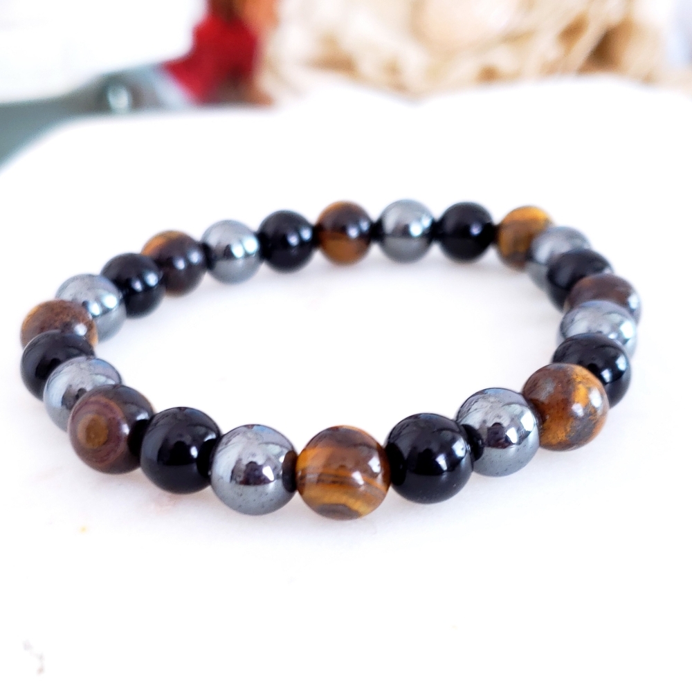 ❣Handmade Triple Protection Tiger's Eye, Hematite & Black Obsidian Bracelet ❣M/F